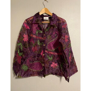 Vintage Womens Top Large Petite Purple Floral Applique Sheer Romantic Fairy 90s
